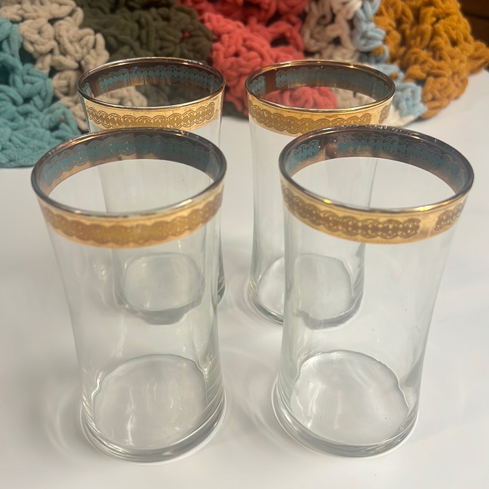 Vintage Gold & Teal Decoration Continental Can
Company Clear Glasses